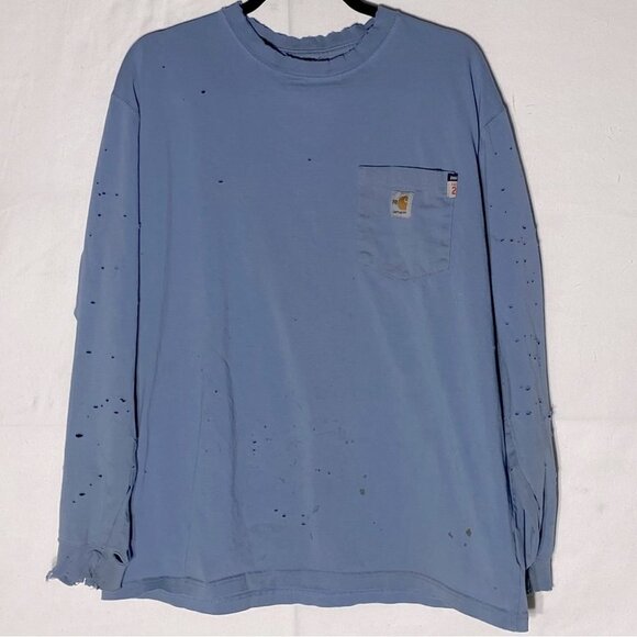 Carhartt Blue Distressed Destroyed Very Worn In Long Sleeve Crew Neck Shirt L - Picture 16 of 16